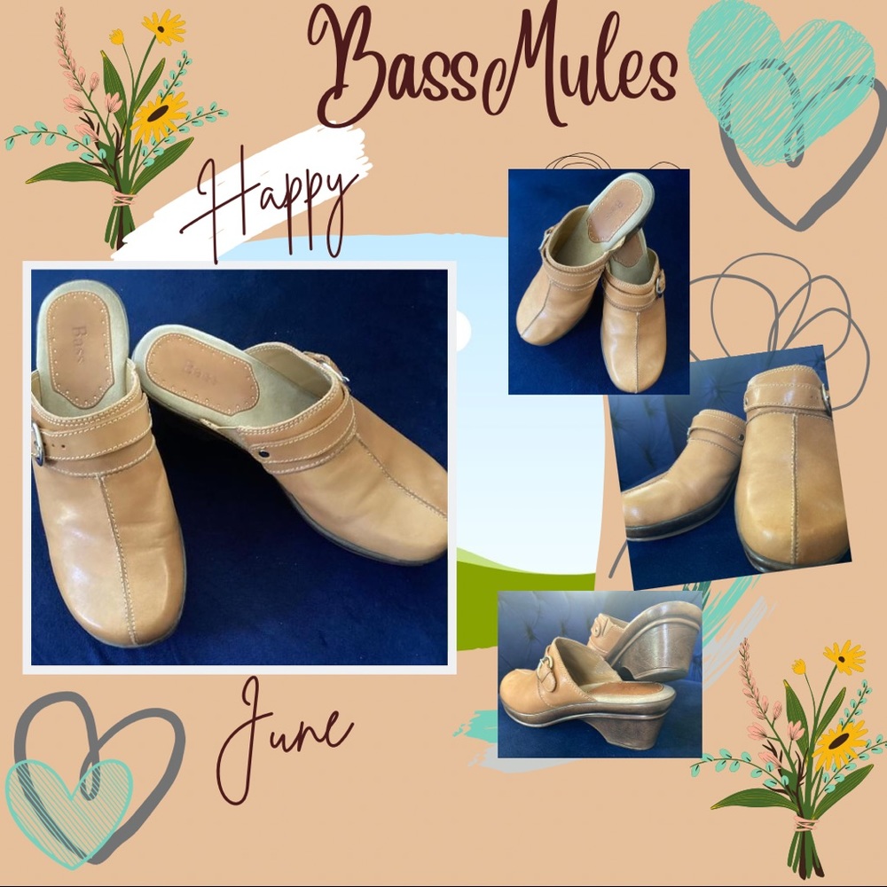 Bass mules (Leona), leather upper, tan in size 9.